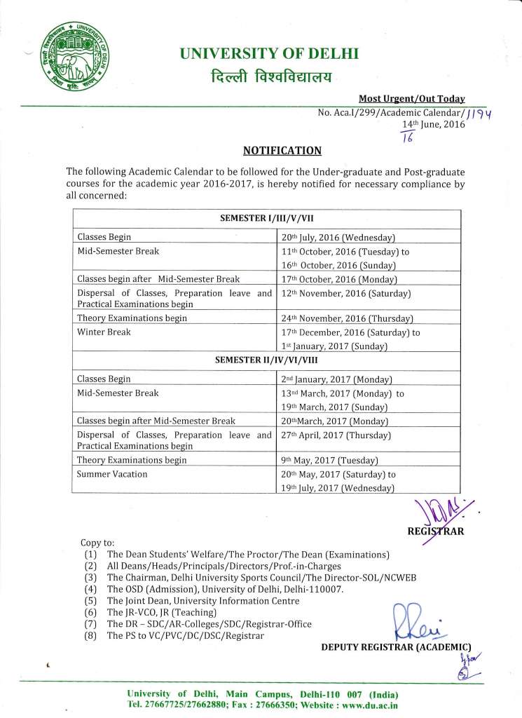 Du Academic calendar 2017