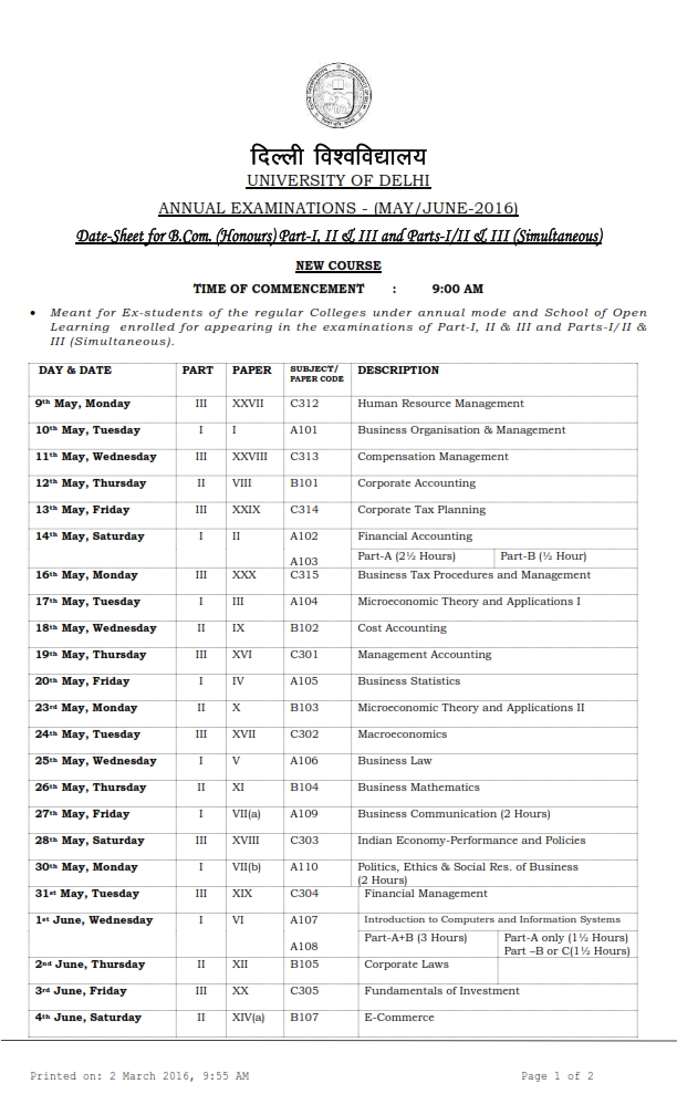 Delhi University BCom Datesheet 2016, DU Datesheet