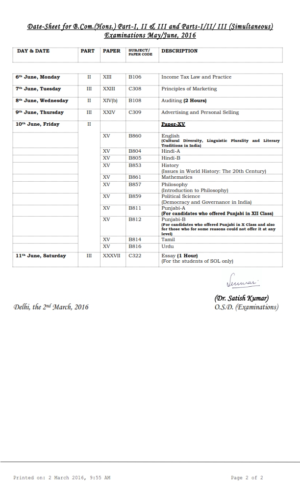 Delhi University BCom Datesheet part 2
