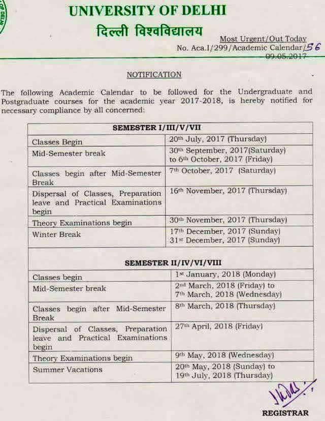 Delhi University Academic Schedule 2017-18